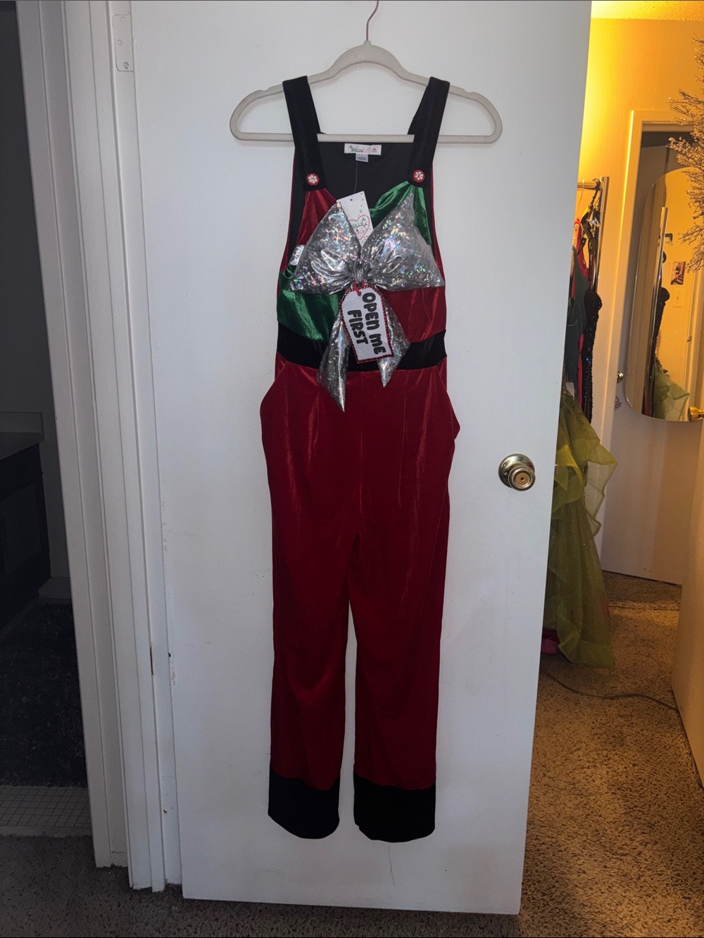 Holly & Cupid Red Velvet Festive Jumpsuit with Metallic Bow Accent